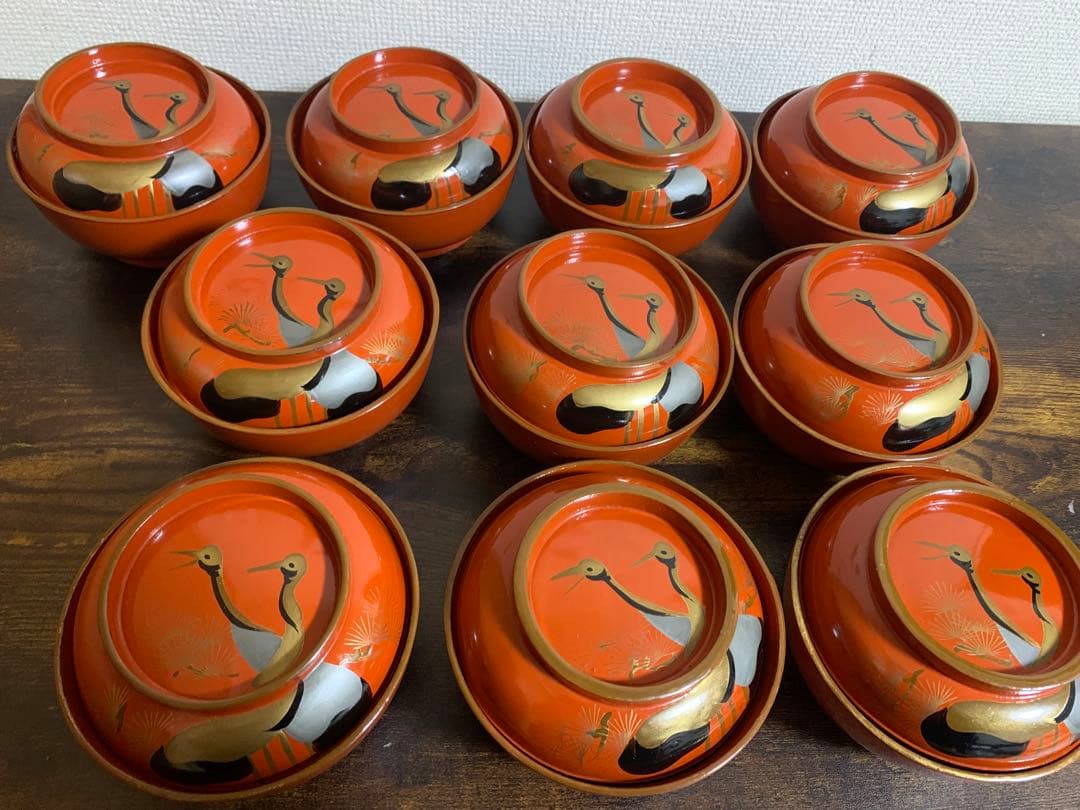 大正時代　金彩蒔絵　木製漆塗吸物椀　10客　大きめ　時代物　縁起物