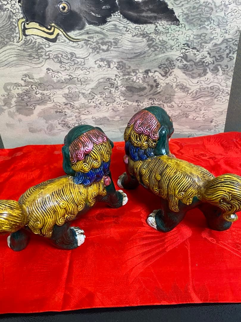 清朝　時代　獅子像 セット 多色 陶器製
