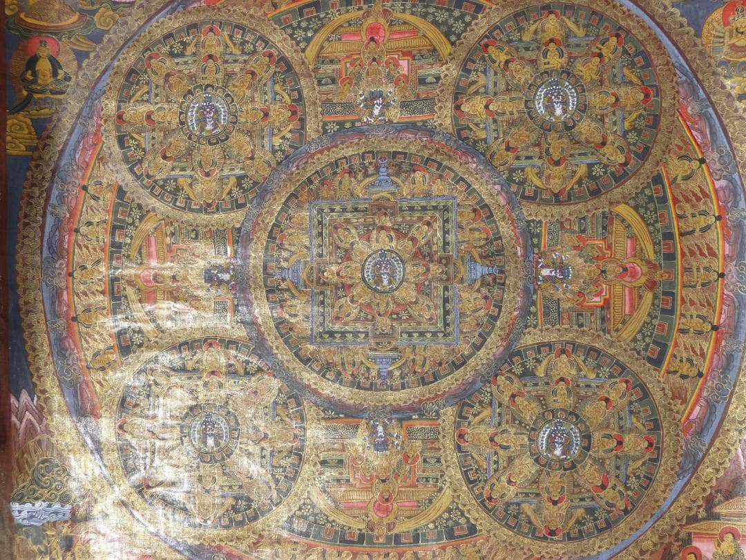 大サイズ　希少　肉筆　タンカ　チベット　黒兼彩　金彩　まくり　※説明必読願います