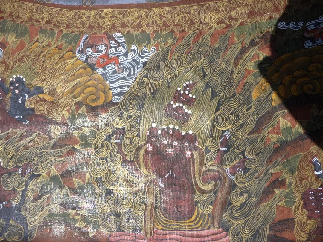 大サイズ　希少　肉筆　タンカ　チベット　黒兼彩　金彩　まくり　※説明必読願います