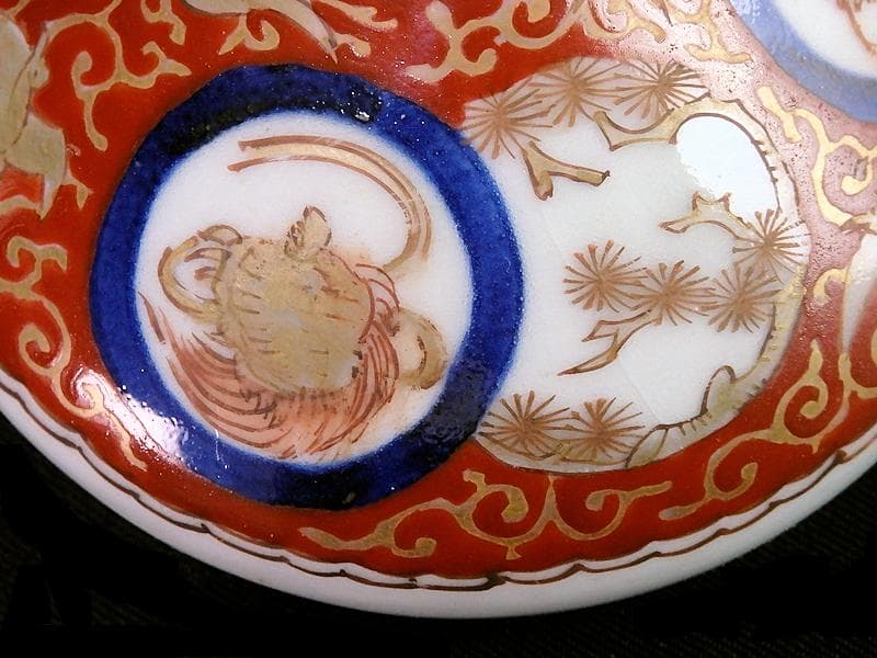 古伊万里　金襴手　鶴亀に松竹梅の図　油壷　D652-CHe