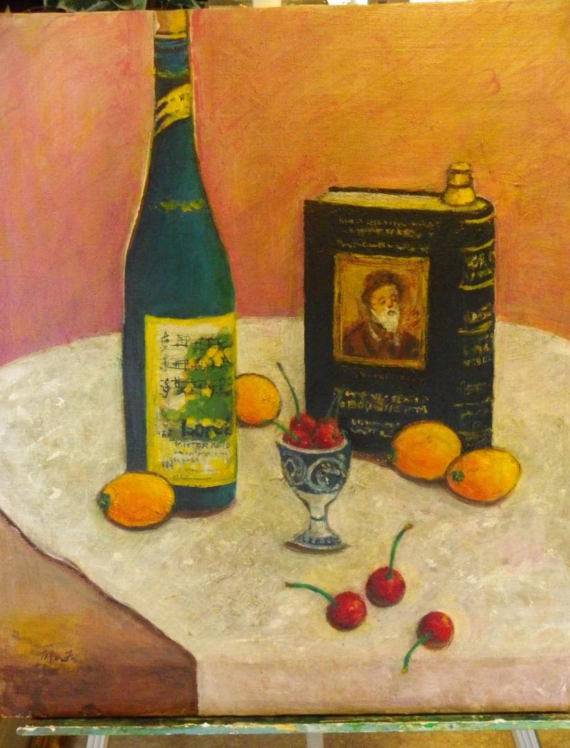 絵画　98歳まで天命を全うした画家　古川幸　作　画題　洋酒と果物　Ｆ10号