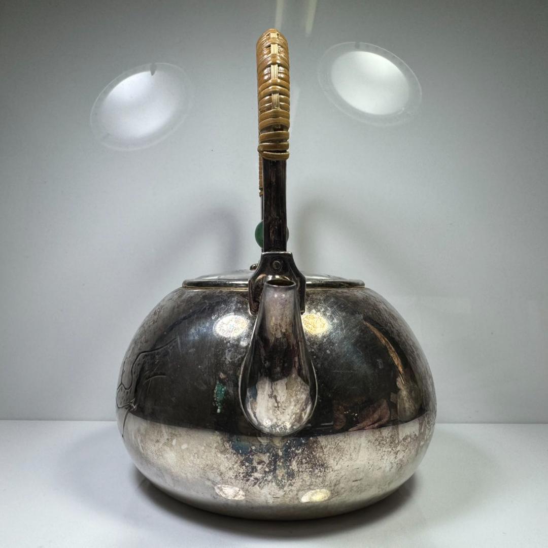 純銀製 銀祥堂造 梅彫 貴石摘 湯沸 古美術品 銀瓶 純銀保証