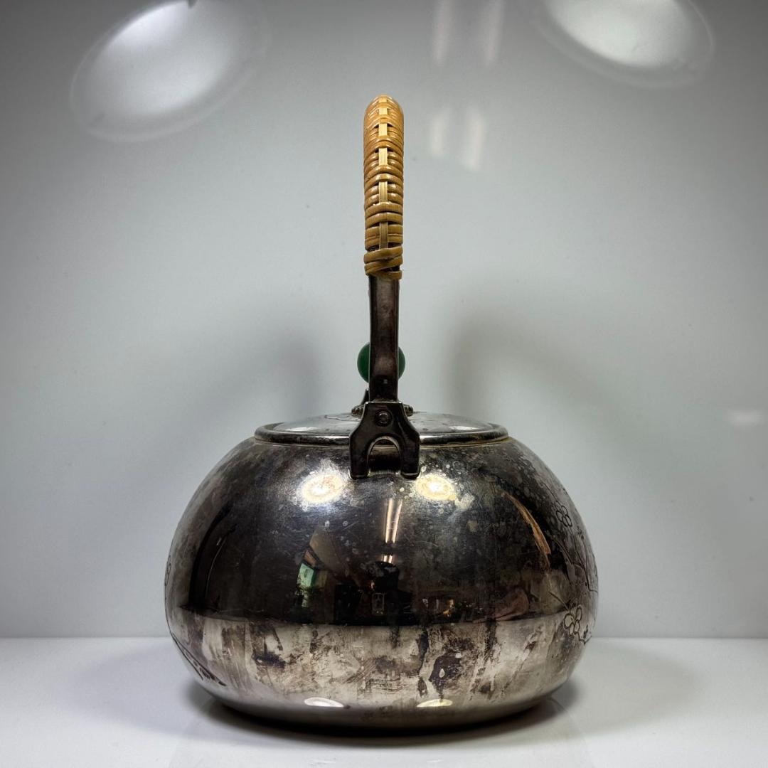 純銀製 銀祥堂造 梅彫 貴石摘 湯沸 古美術品 銀瓶 純銀保証