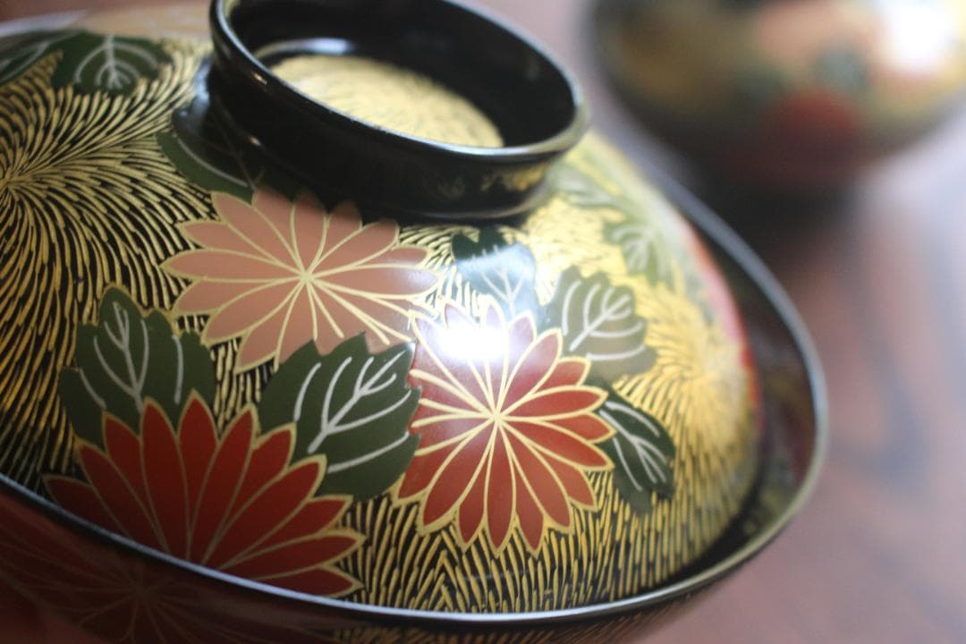 専用！上質黒漆に極上菊詰沈金蒔絵のお椀3点（検輪島塗蒔絵椀雑煮椀