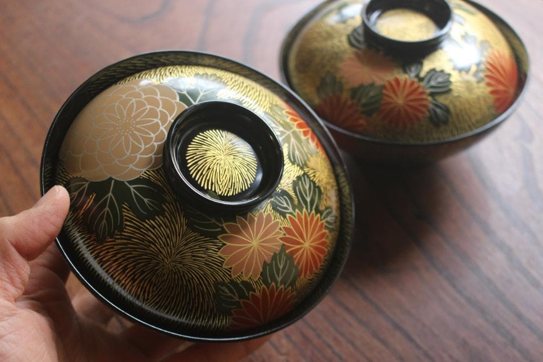 専用！上質黒漆に極上菊詰沈金蒔絵のお椀3点（検輪島塗蒔絵椀雑煮椀