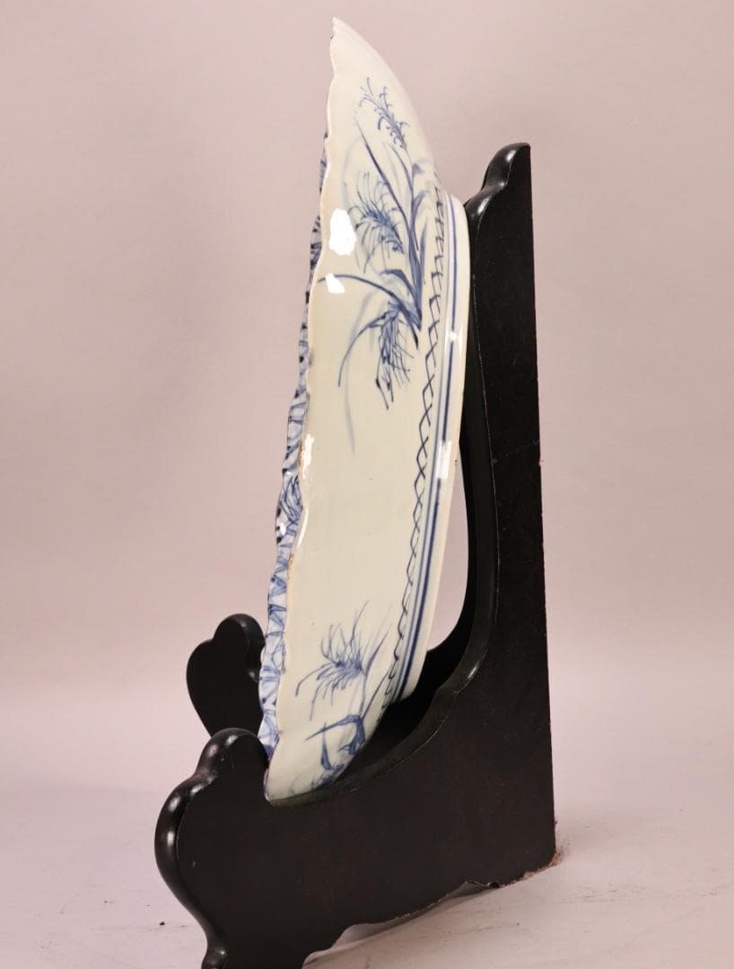 BK265　江戸期　古伊万里　古染付鹿文　大皿　49㎝　二重角福　1尺6寸