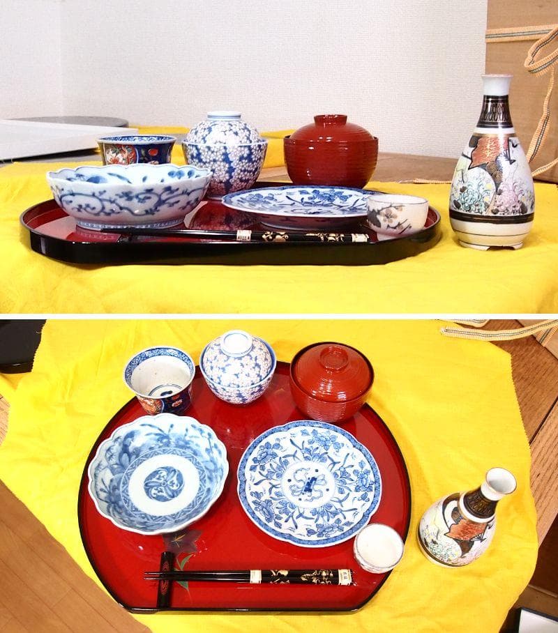 【ほぼ未使用】輪島塗 五作家合作 絵変わり蒔絵 朱塗 卓上膳5客 半月膳/会席膳