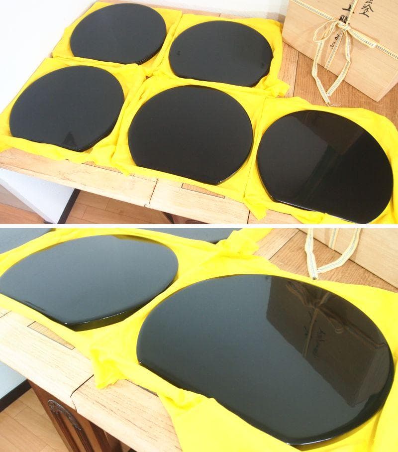 【ほぼ未使用】輪島塗 五作家合作 絵変わり蒔絵 朱塗 卓上膳5客 半月膳/会席膳