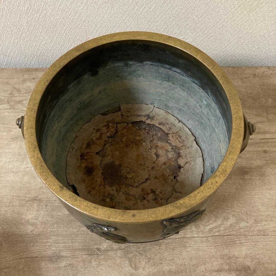 時代銅火鉢　壱対　宣徳火鉢　江戸文政　手炙り　アンティーク　珍品　高肉彫