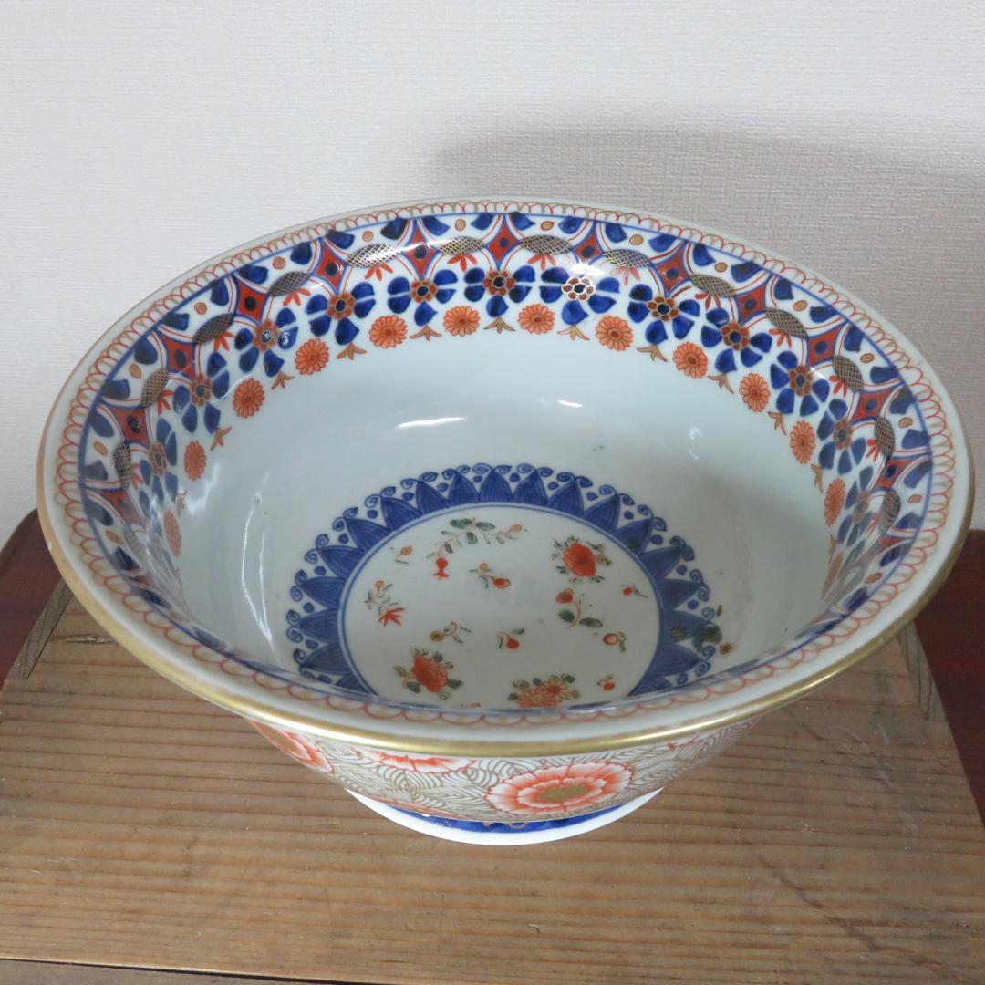 丼 鉢 花文様 金彩 色絵付 染付 窯傷 歪み 共箱 金魚鉢 明治