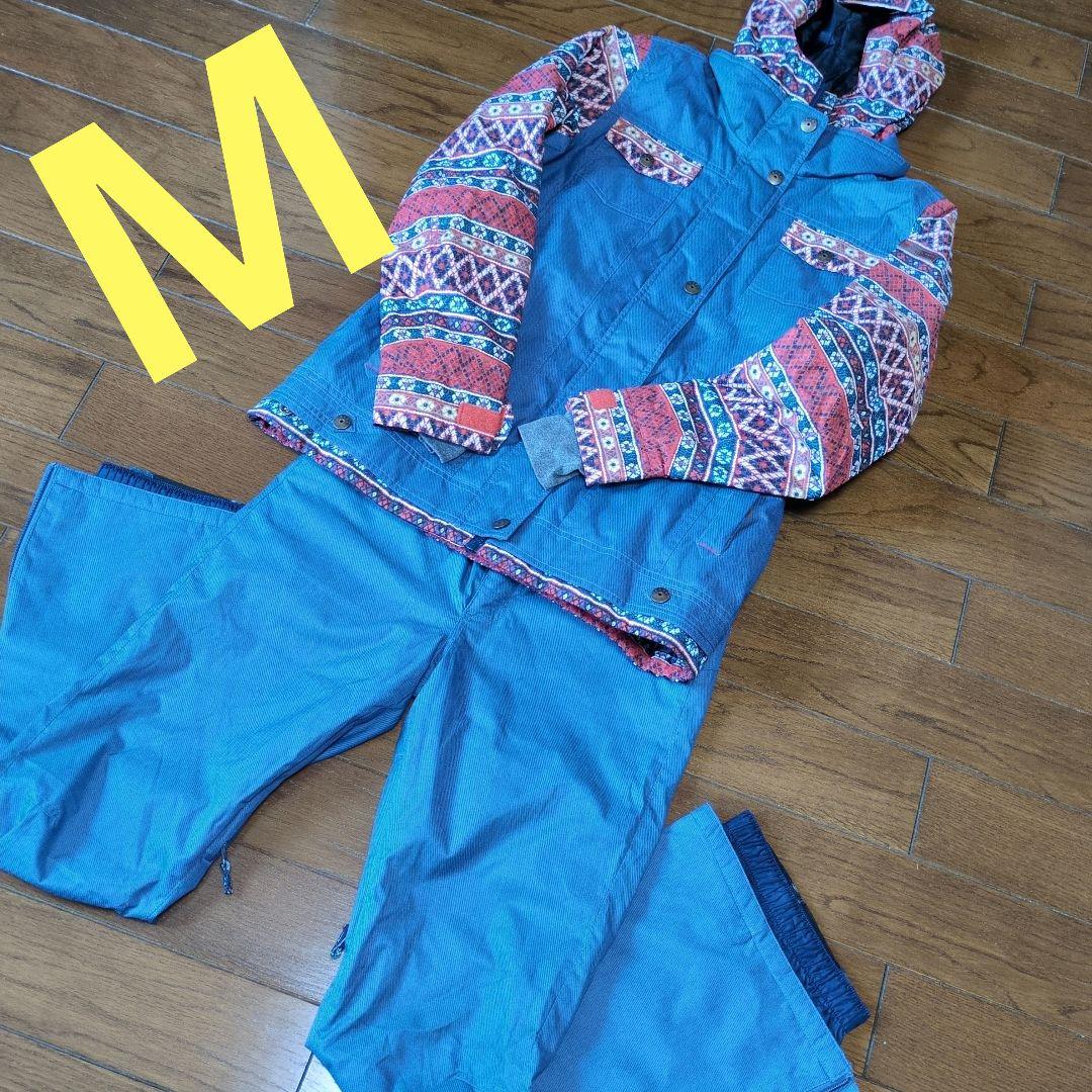 【美品】ROXY　スノボウェア　上下セット　Ｍ　デニム風　重ね着風　総柄