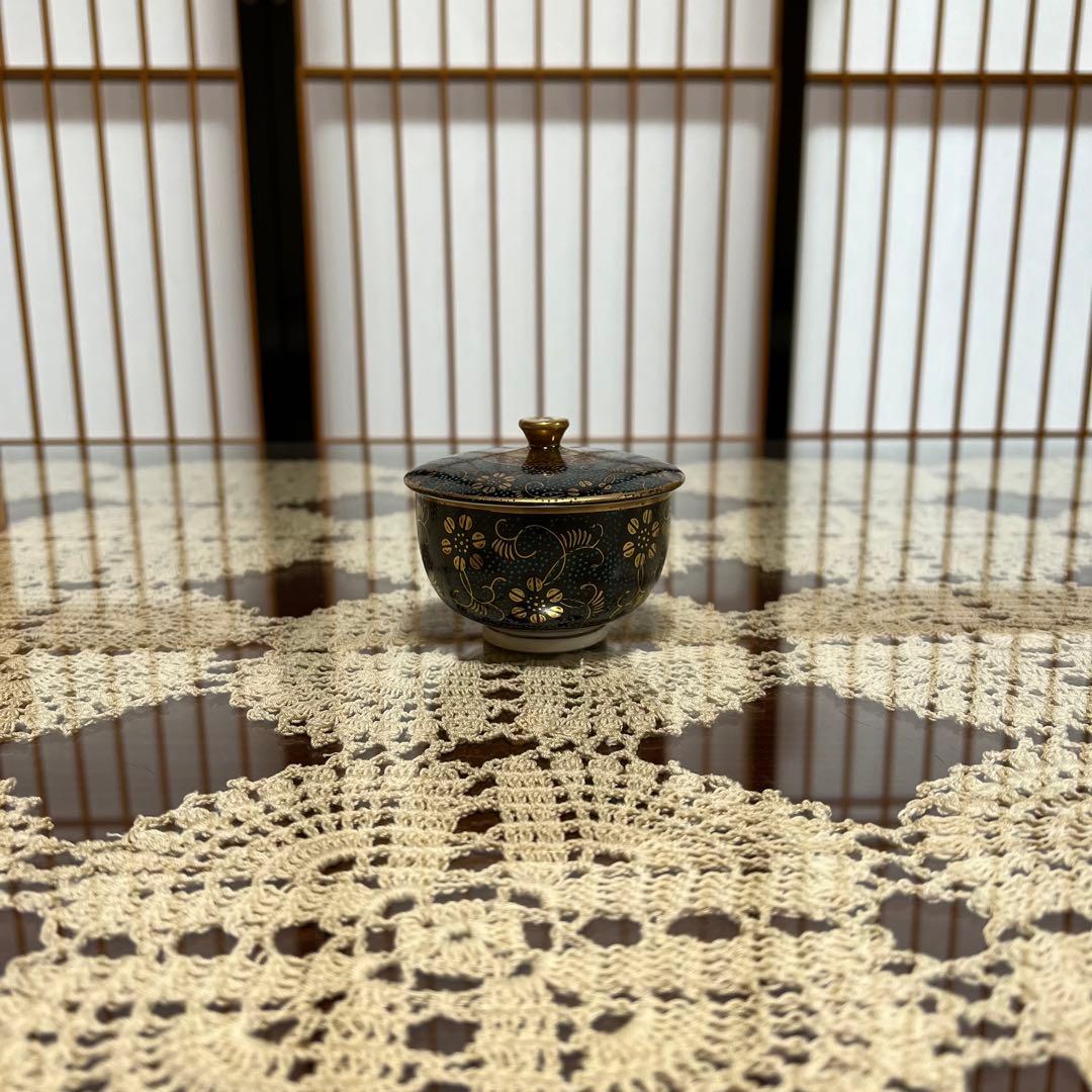 新品未使用 九谷焼 勝月 蓋付汲出碗揃 青粒金彩花唐草乃図 共箱