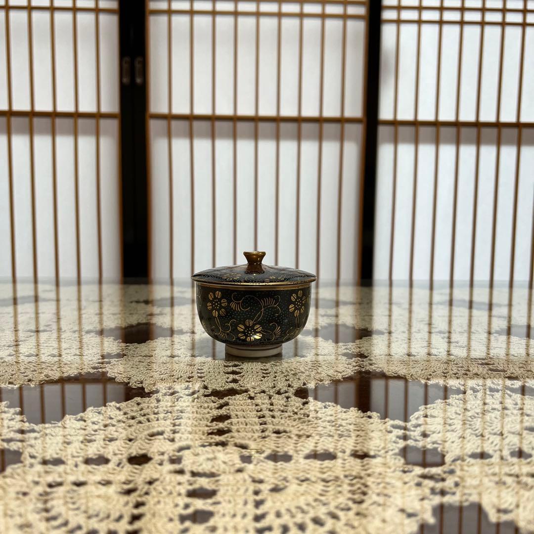 新品未使用 九谷焼 勝月 蓋付汲出碗揃 青粒金彩花唐草乃図 共箱