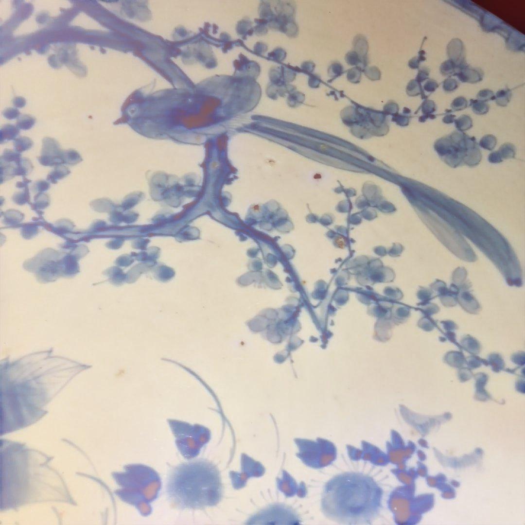 レトロヴィンテージ大皿、サイズ46センチ青い花と鳥の陶器プレート
