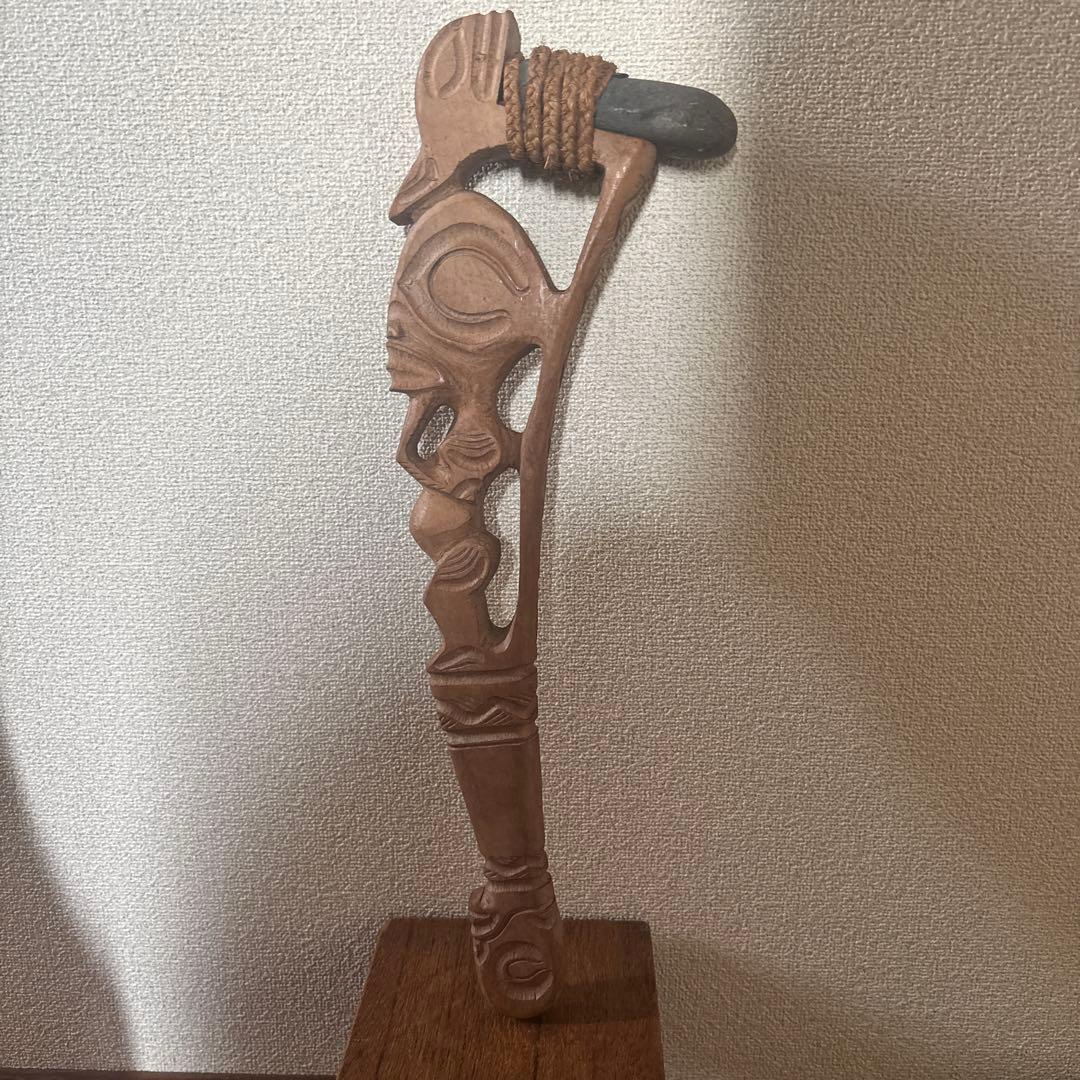 特大37cm 民族アート 木彫り 仮面モチーフ 装飾棒 呪術レプリカ