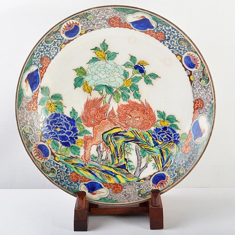 九谷焼　古九谷　色絵金彩　獅子牡丹文　大皿　飾皿　約39cm　M　R5991B