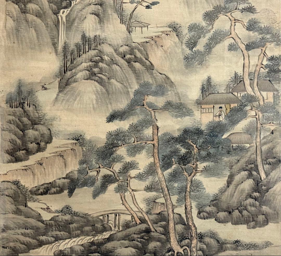 釧雲泉浅絳山水　亀田鵬斎題詩　絹本肉筆　鑑定入　箱付　掛軸　送料込み250824