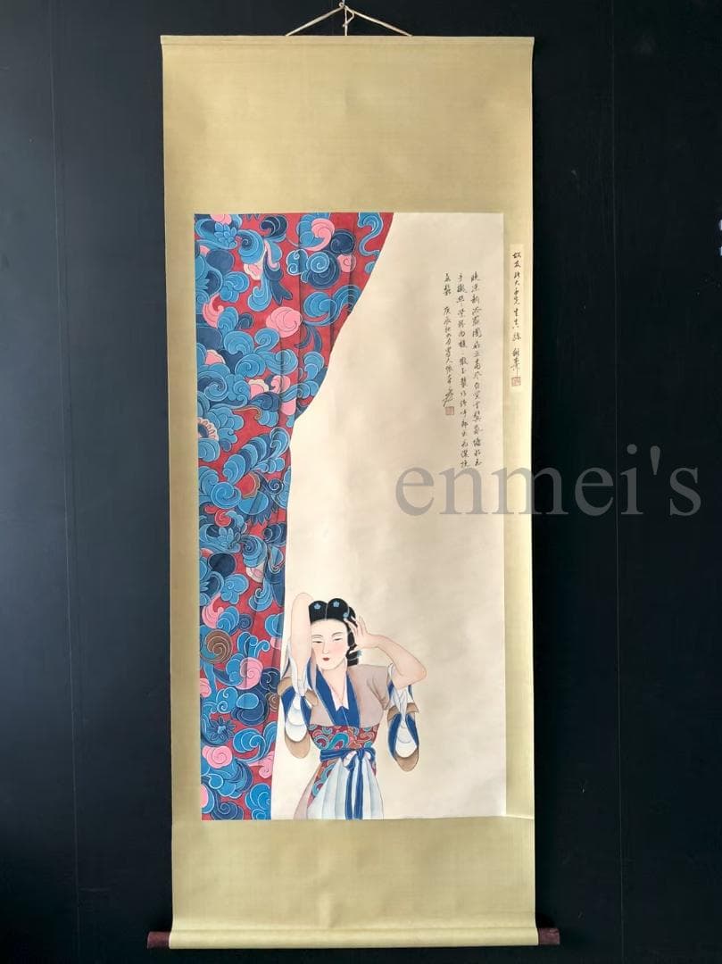 中国古美術・純手描き四尺仕女掛軸・国画・張大千印款・書道品・茶道・珍品画・肉筆