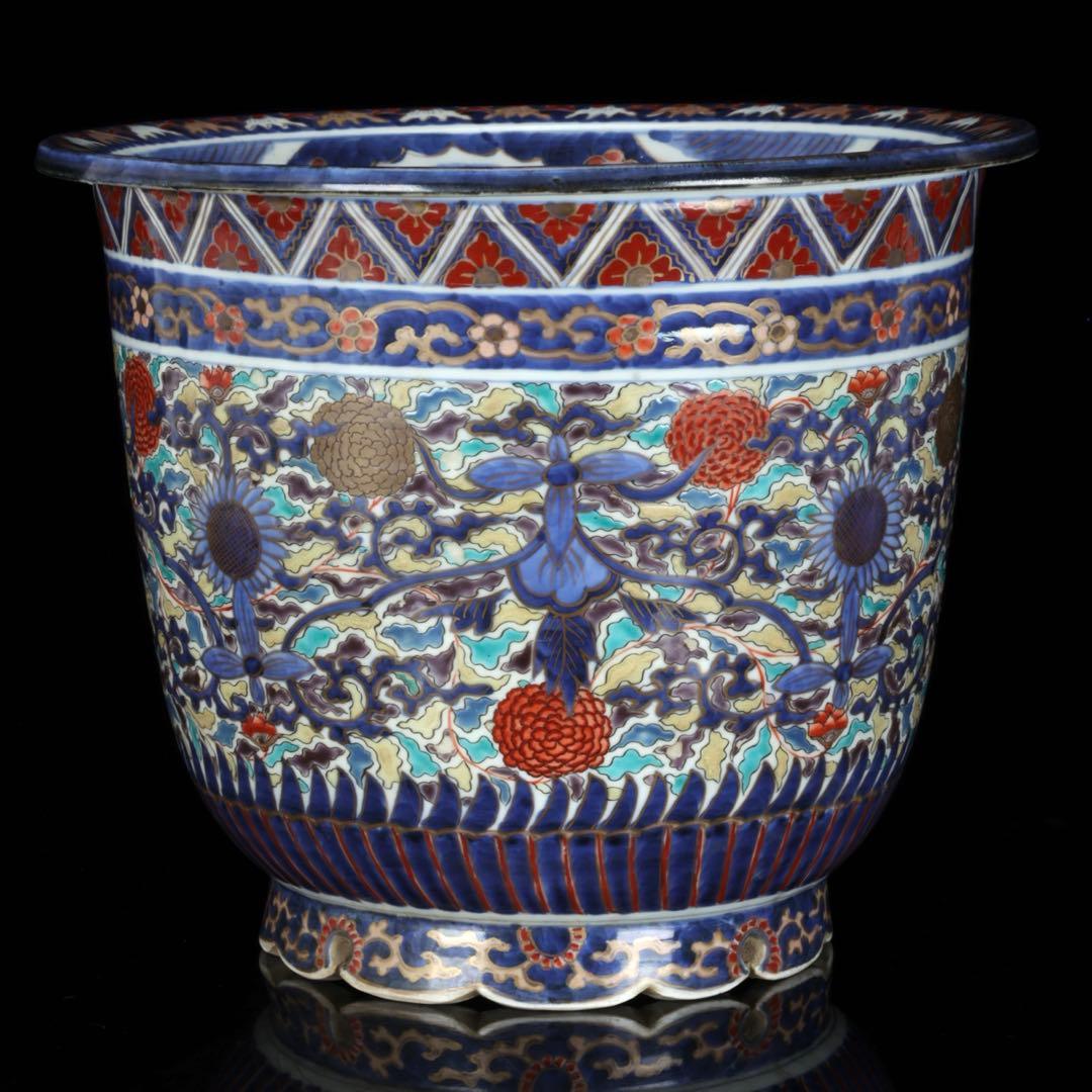 【古伊万里】色絵金彩大鉢 菊牡丹文様 植木鉢 蘭鉢 盆栽鉢 火鉢 骨董 古美術