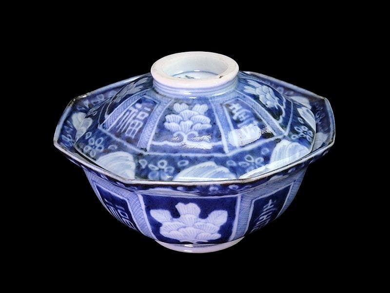 古伊万里　染付　牡丹に福寿の図　八角大振蓋茶碗　N096AS-DBx