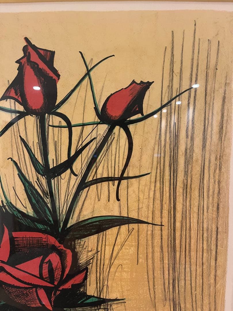 希少 ベルナール・ビュッフェ 赤いバラ サイン有