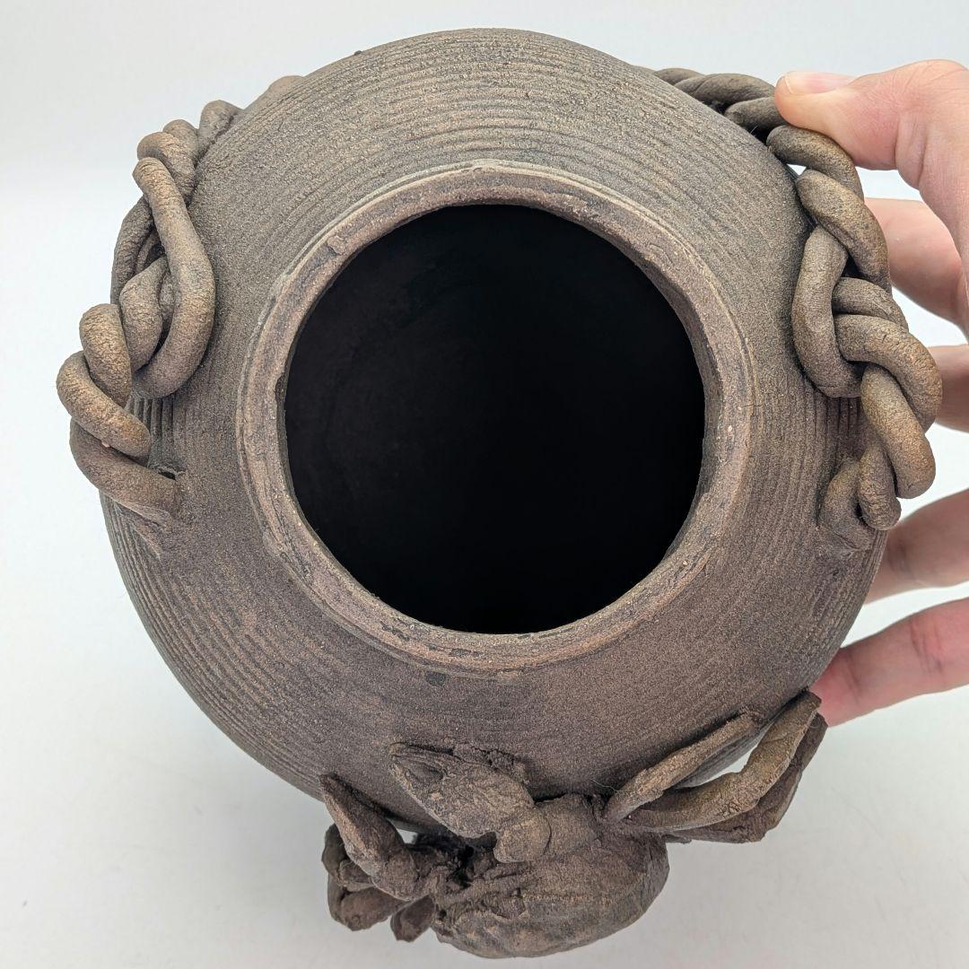 焼き締め陶 蟹彫魚籃型水指 抹茶道具 茶器 水差 容器 ビク 藤籠 竹籠 魚籠