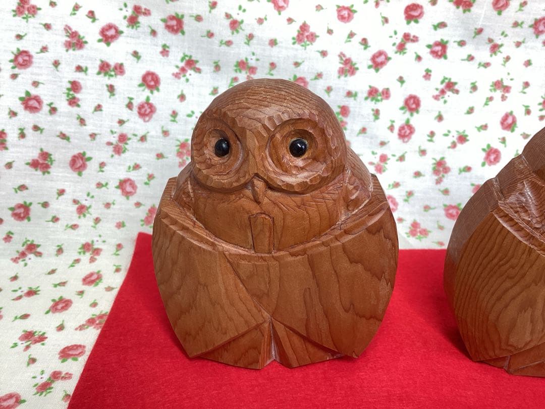 【未使用】フクロウ　木彫り　置物　一刀彫　イチイ　木製　雛人形　ふくろう　日本製