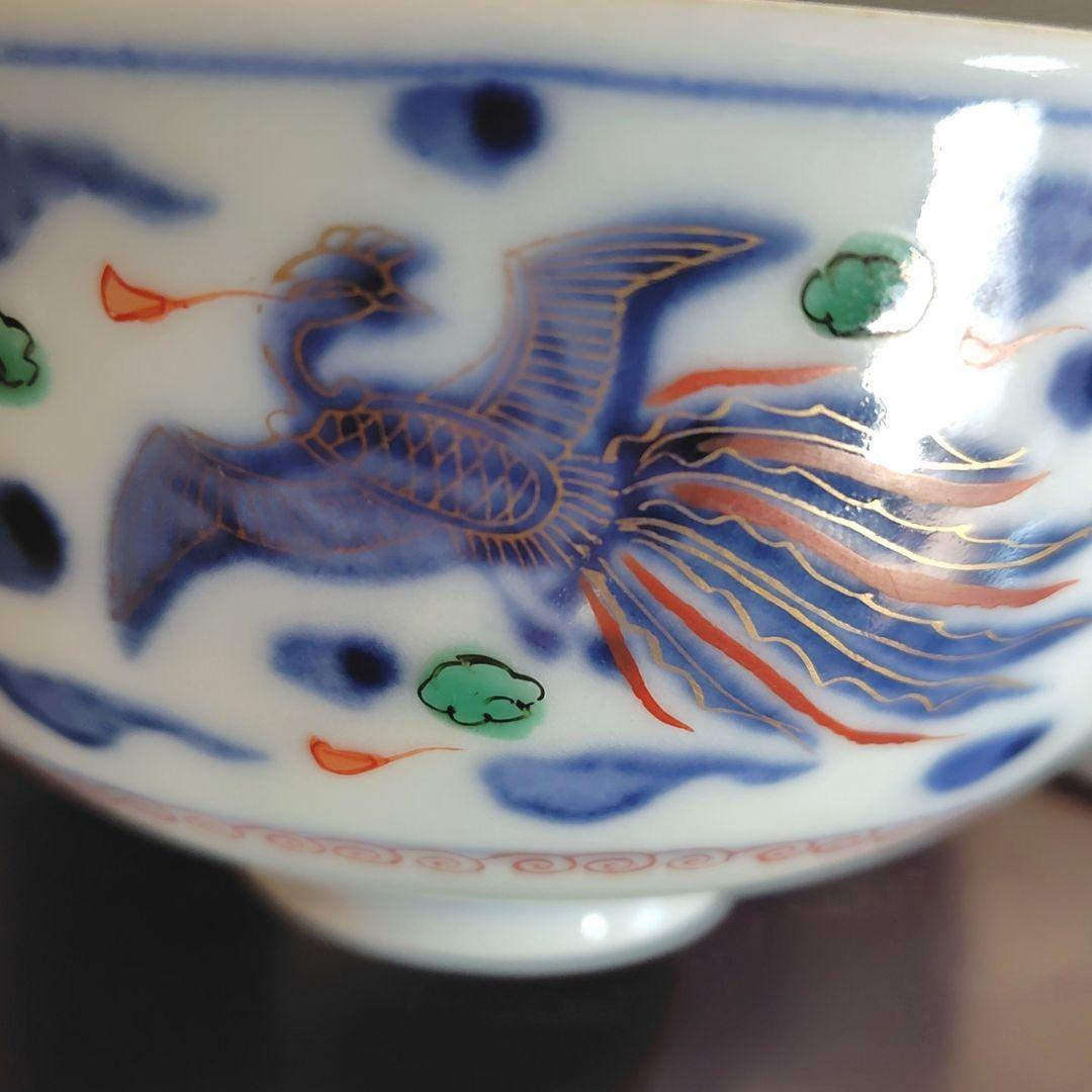 九谷焼　錦絵 金彩 蓋付き茶碗 飯茶碗 茶碗 5客 鳳凰 アンティーク 冬 春