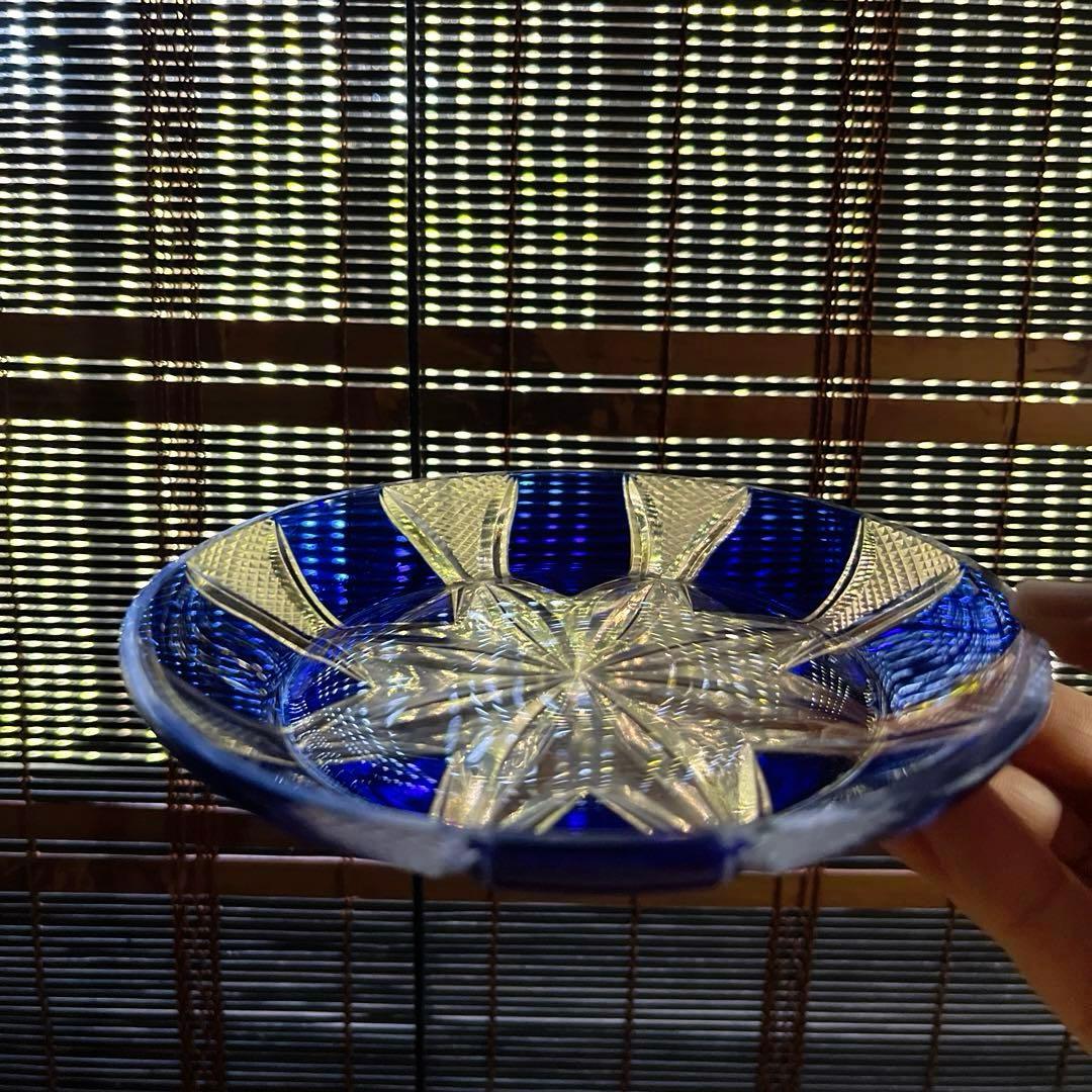 骨董　時代ガラス　青色被せ　精密カット　星切子　中鉢　小皿　１客