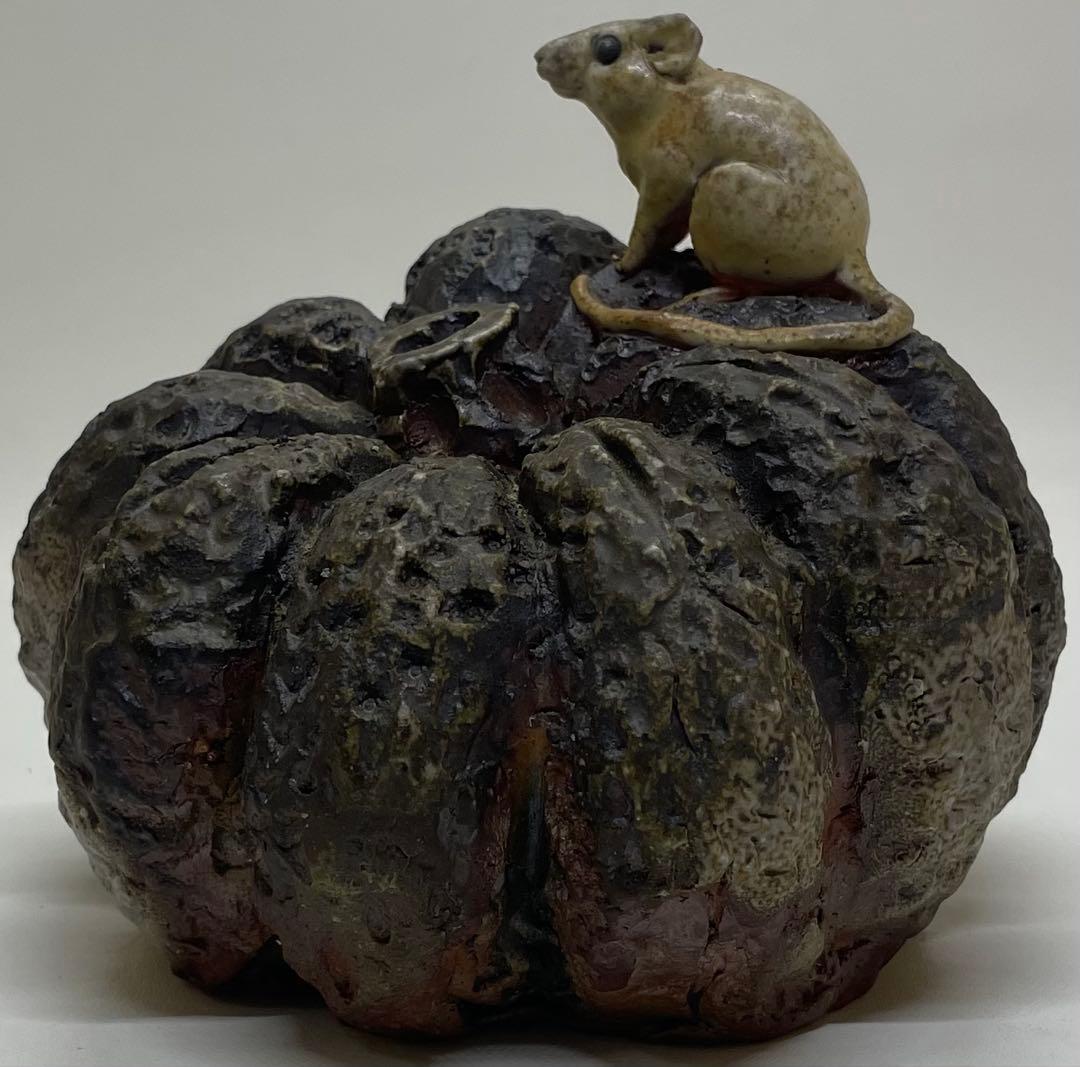 木村玉舟　備前焼　白備前南瓜　鼠　細工物　 共箱　 　　　k2331