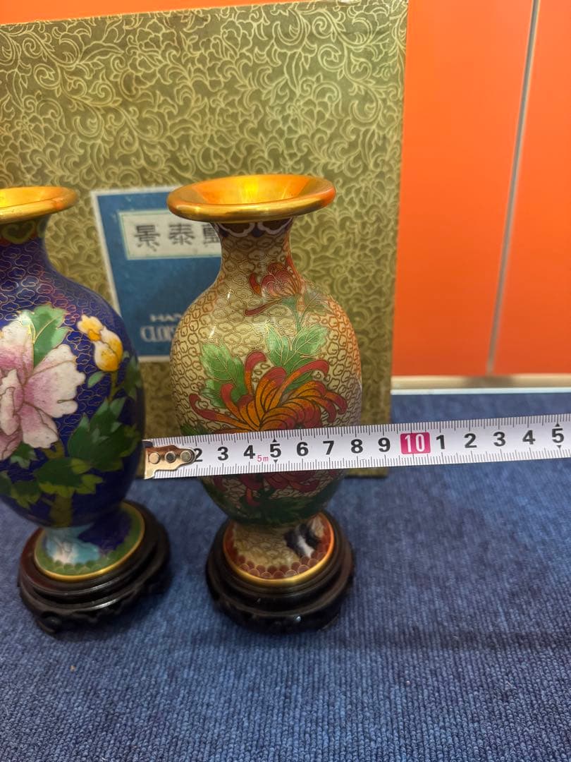 1571  景泰藍　花瓶2客　花台2客付き　骨董　時代物