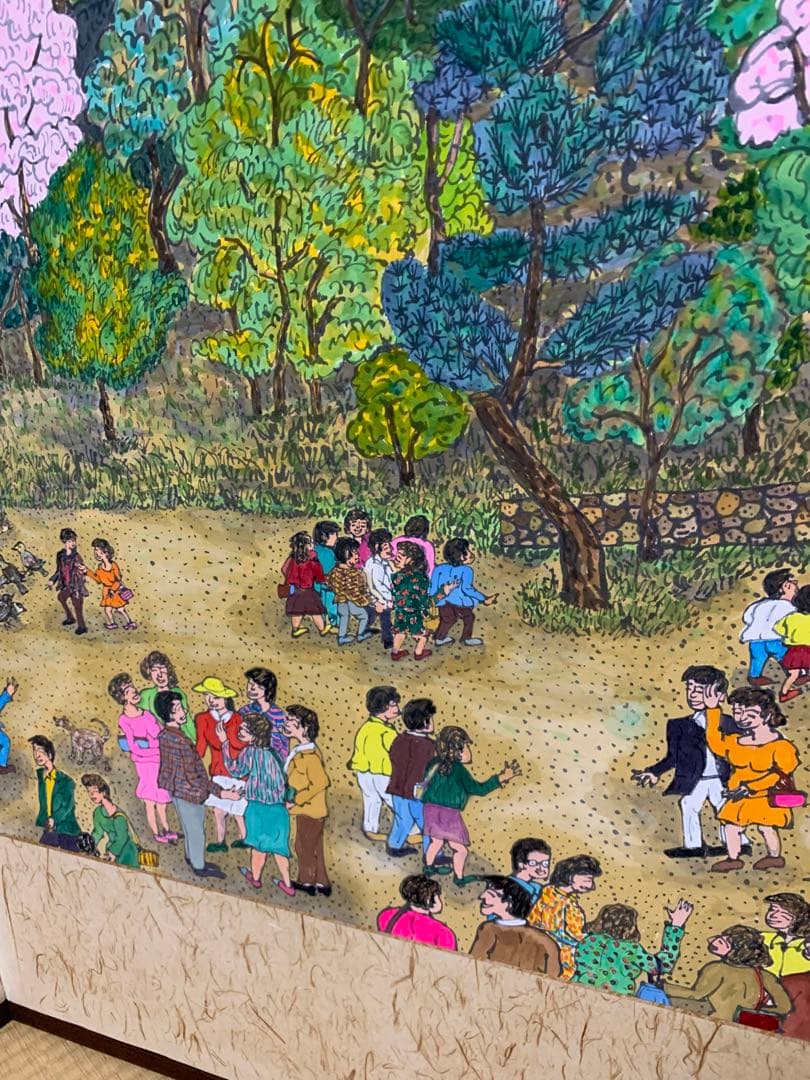 桜と姫路城の風景画　屏風式　日本画　1995年