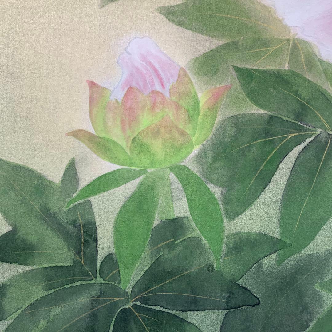 美品 掛け軸 水越由喜作 牡丹図 共箱 太巻き付き 四季花 二重箱