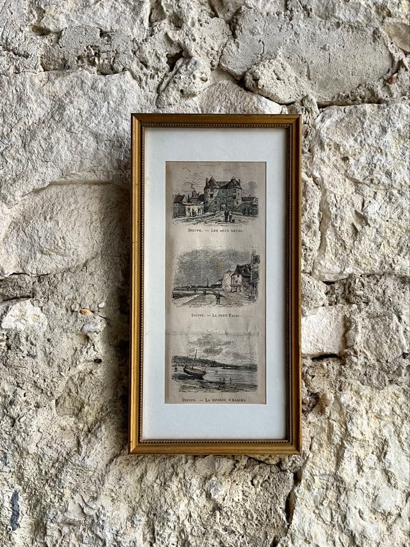 ◆フランスアンティーク｜版画田舎の暮らし風景ノルマンディー絵画額フレーム壁掛け