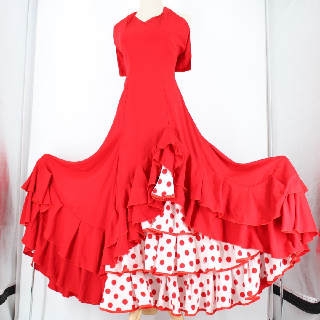 【美品 フラメンコ衣装】レッド×豪華ボランテ ワンピース ドレス 水玉 ドット
