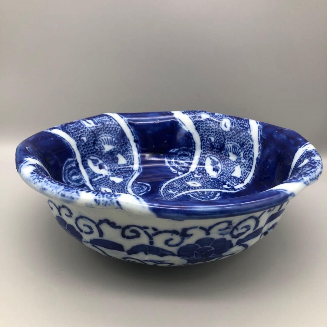 明治時代古伊万里ベロ藍蝶捻文印判手中押し鉢ボウル24cm伊万里焼骨董品