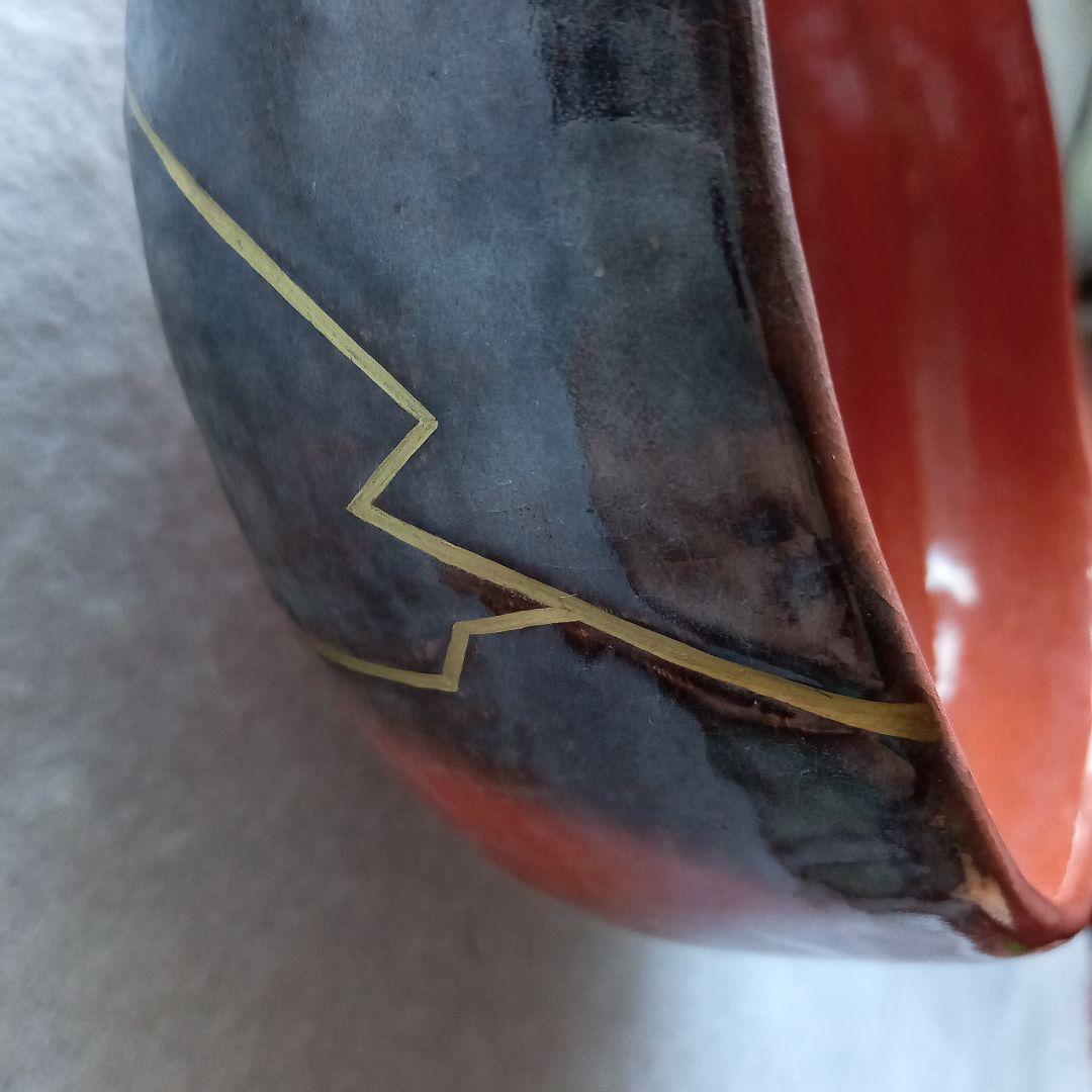 伊東桂楽　稲妻絵 赤楽平茶碗　桂窯　真田紐　茶道具