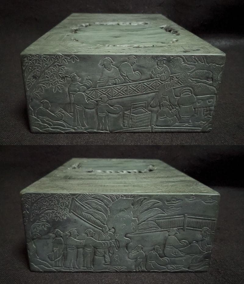 【蘭亭硯】◆五台山緑石の特大加厚硯◆群微点状波紋の潤緑美石◆唐木天地蓋◆王羲之