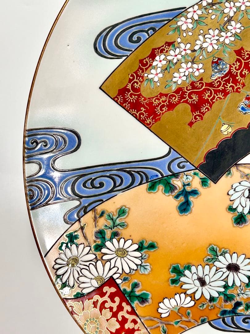 稀少 明治九谷の第一人者 松本佐平 松雲堂 五彩手流水草花文大皿 九谷焼