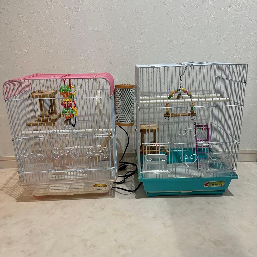 【送料無料】鳥かご2セット/バードヒーター/手作りカバー/止まり木/おもちゃ等