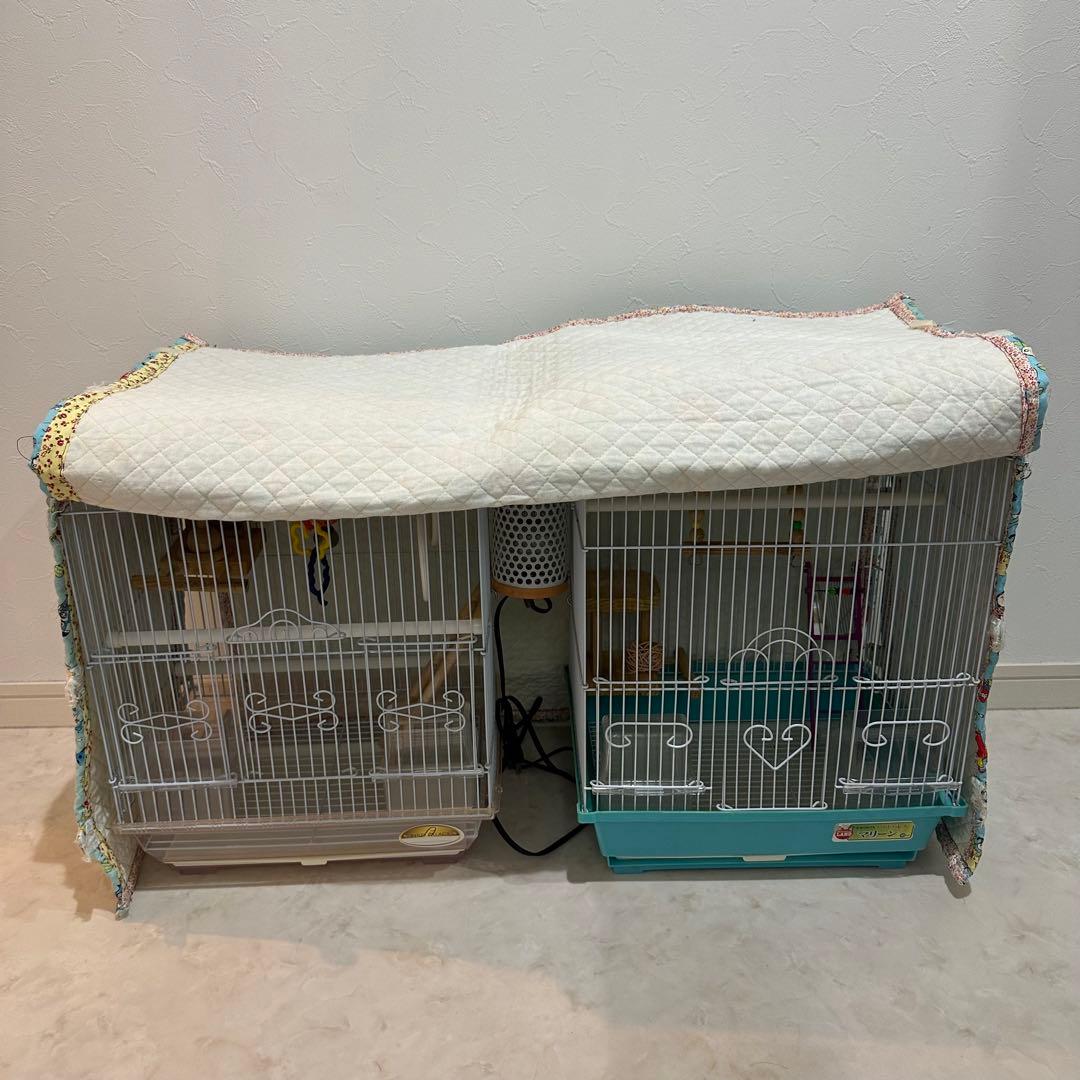 【送料無料】鳥かご2セット/バードヒーター/手作りカバー/止まり木/おもちゃ等