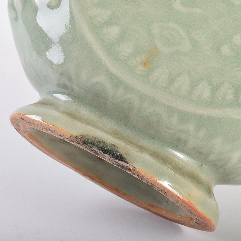 中国　龍泉窯　青磁　陽刻　龍鳳凰花文　扁壷　V　R7826