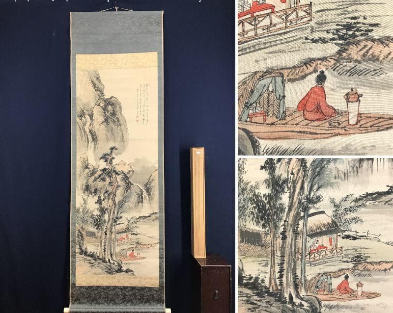 【真作】天野方壺/山水人物画賛/山水図/掛軸/名家伝来/AD-381