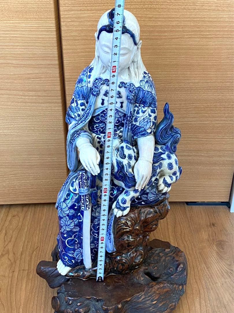 中国美術 職人手作リ陶製青茶獅子觀音像緣起物 榴木台付 高47cm X 23cm