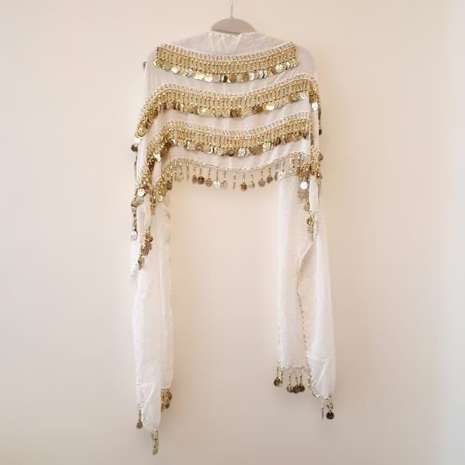 エジプト製 ベリーダンス長方形ヒップスカーフ 白×ゴールド