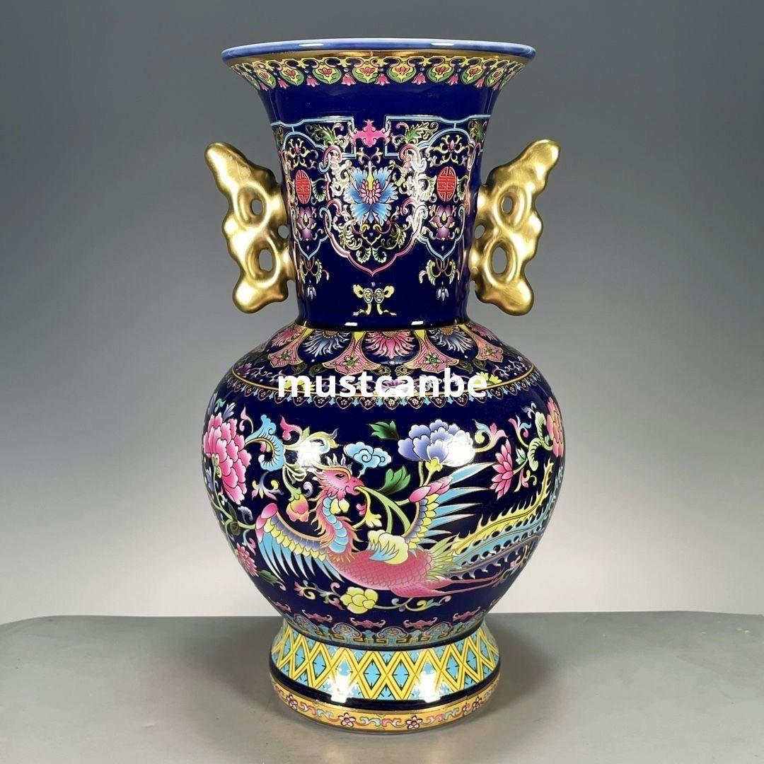 琺瑯彩藍釉鳳穿牡丹両耳瓶 景徳鎮 陶磁器 装飾品 現代工芸品 美術品 置物