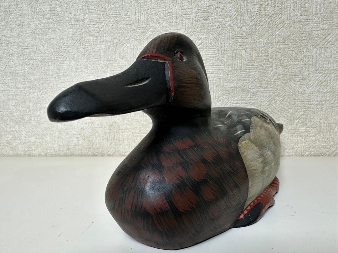 縁起物 天然木 カルガモ 鳥 木彫り置物 カモ 鴨 小鴨 水鳥 バード デコイ