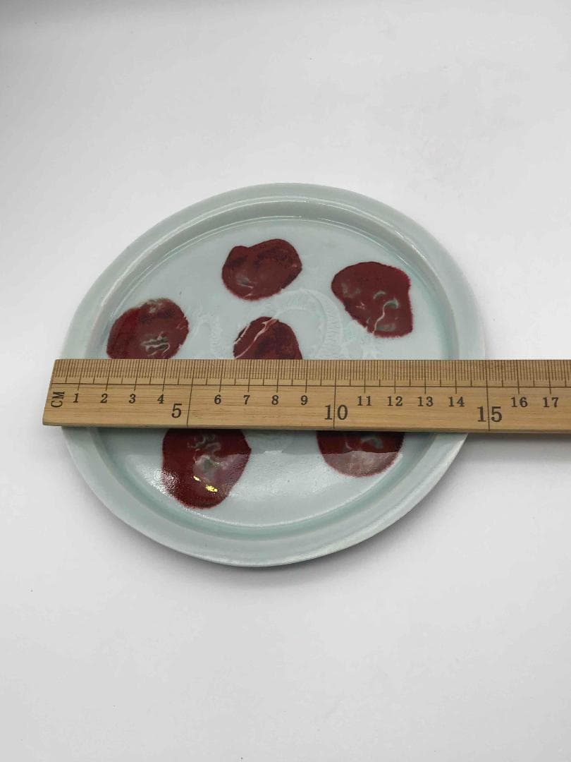 元時代　白釉釉裏紅飛斑暗刻龍紋盤　古盤　皿　唐物　古賞物　(D-43)