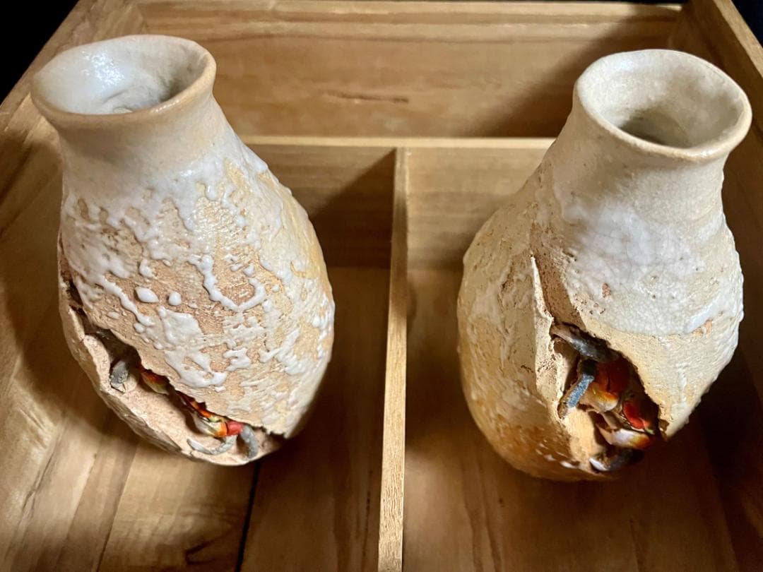 値下げ！【超年代お銚子、ぐい呑みセット】水月焼 初代作 蟹天神5点セット共箱付